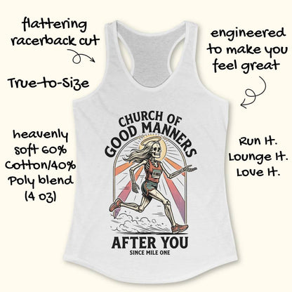 White tank top with skeleton design and text 'Church of Good Manners After You Since Mile One' on a white surface.