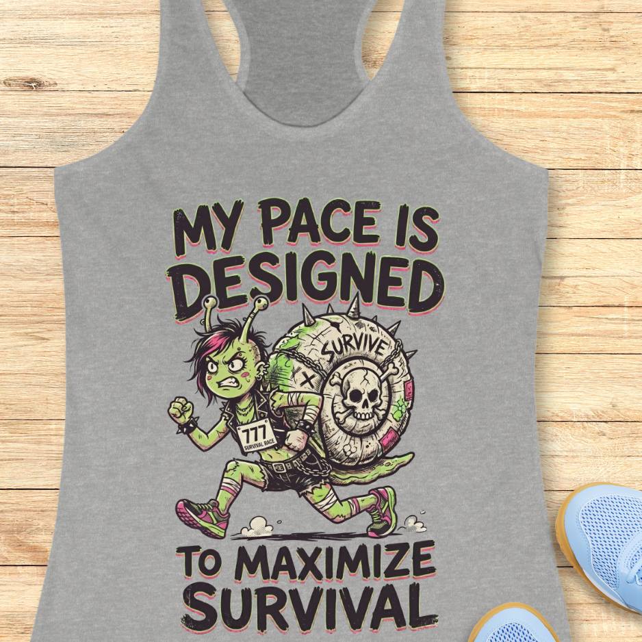 Gray tank top with graphic design and text my pace is designed to maximize survival, on a wooden surface