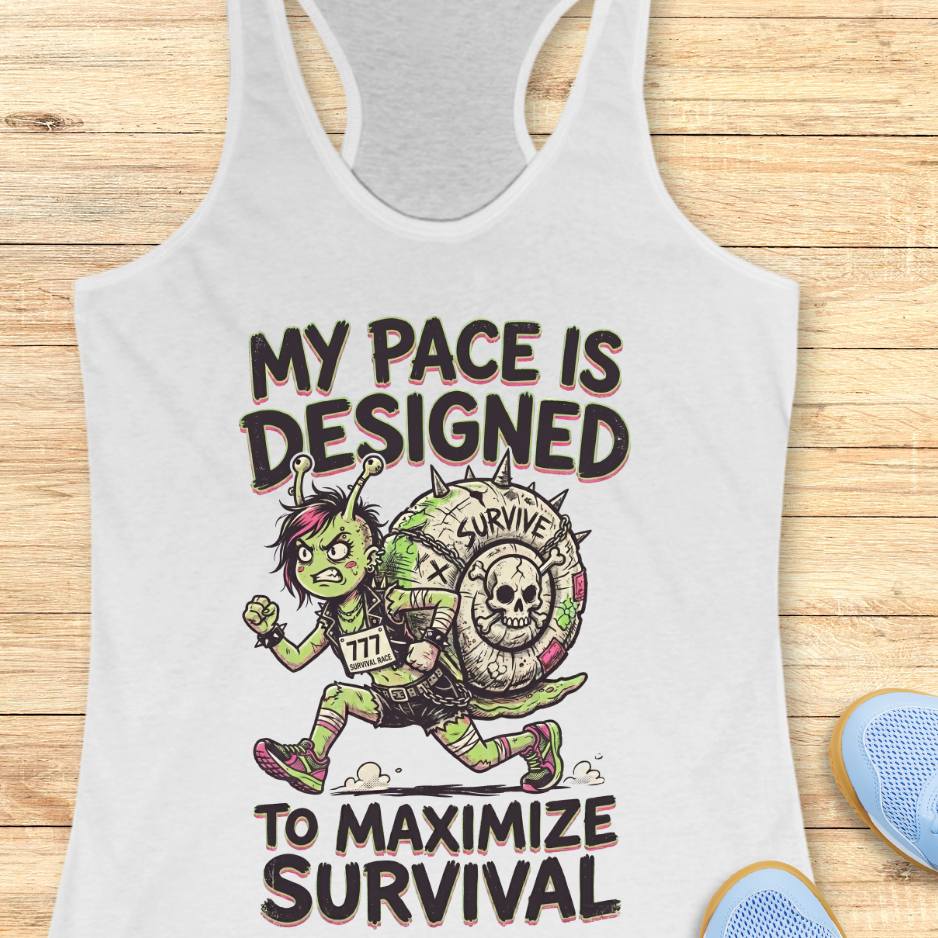 white tank top with graphic design and text my pace is designed to maximize survival,  on a wooden surface