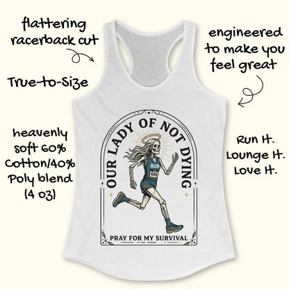 White tank top with graphic design and text Our lady of noy dying, pray for my survival, on a white background