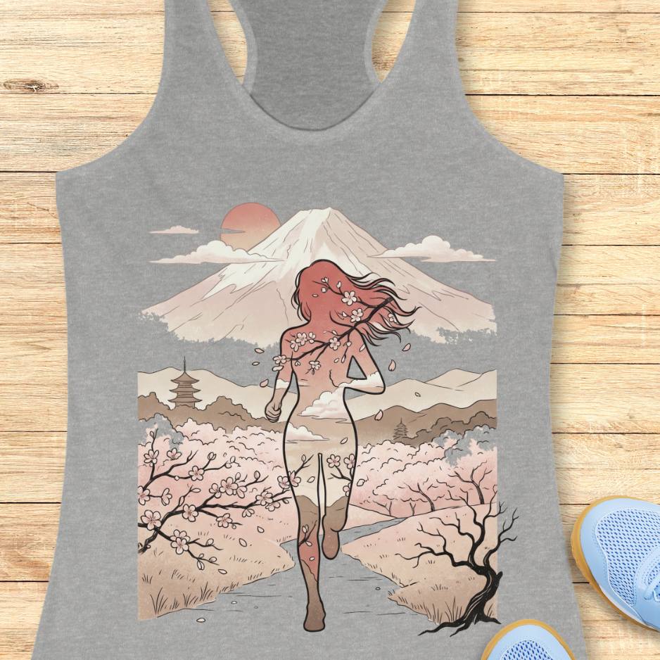 Gray tank top with a graphic design of a woman, cherry blossoms, and Mount Fuji on a wooden surface.