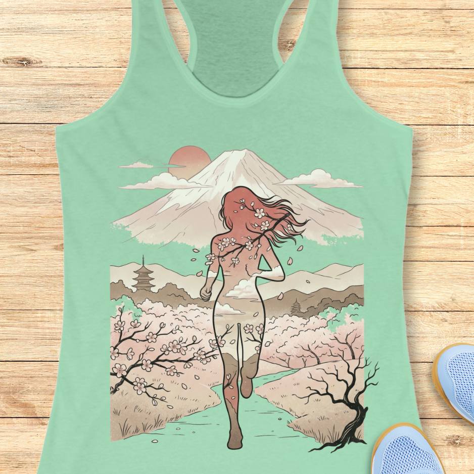 Mint green tank top with a graphic design of a woman, cherry blossoms, and Mount Fuji on a wooden surface.