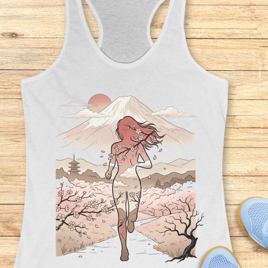 white Tank top with a graphic design of a woman, cherry blossoms, and Mount Fuji on a wooden surface.