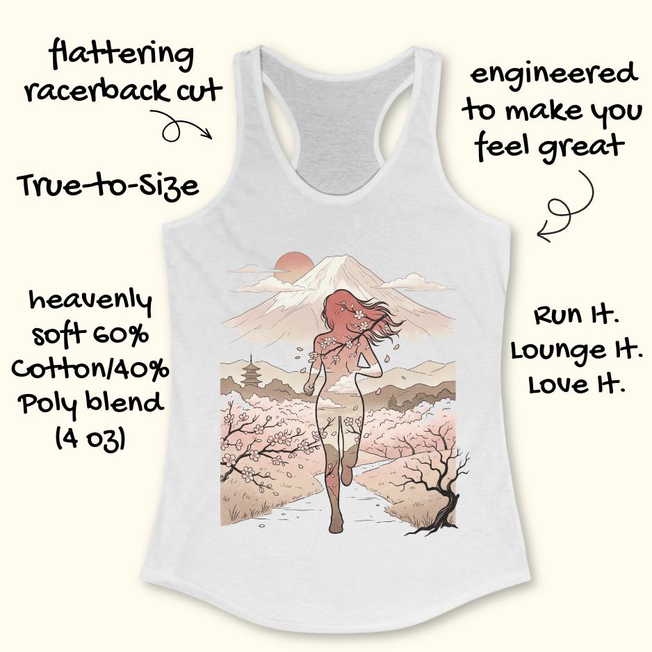 White tank top with a graphic of a woman walking in a cherry blossom forest and Mount Fuji, with text describing the tank top's features.