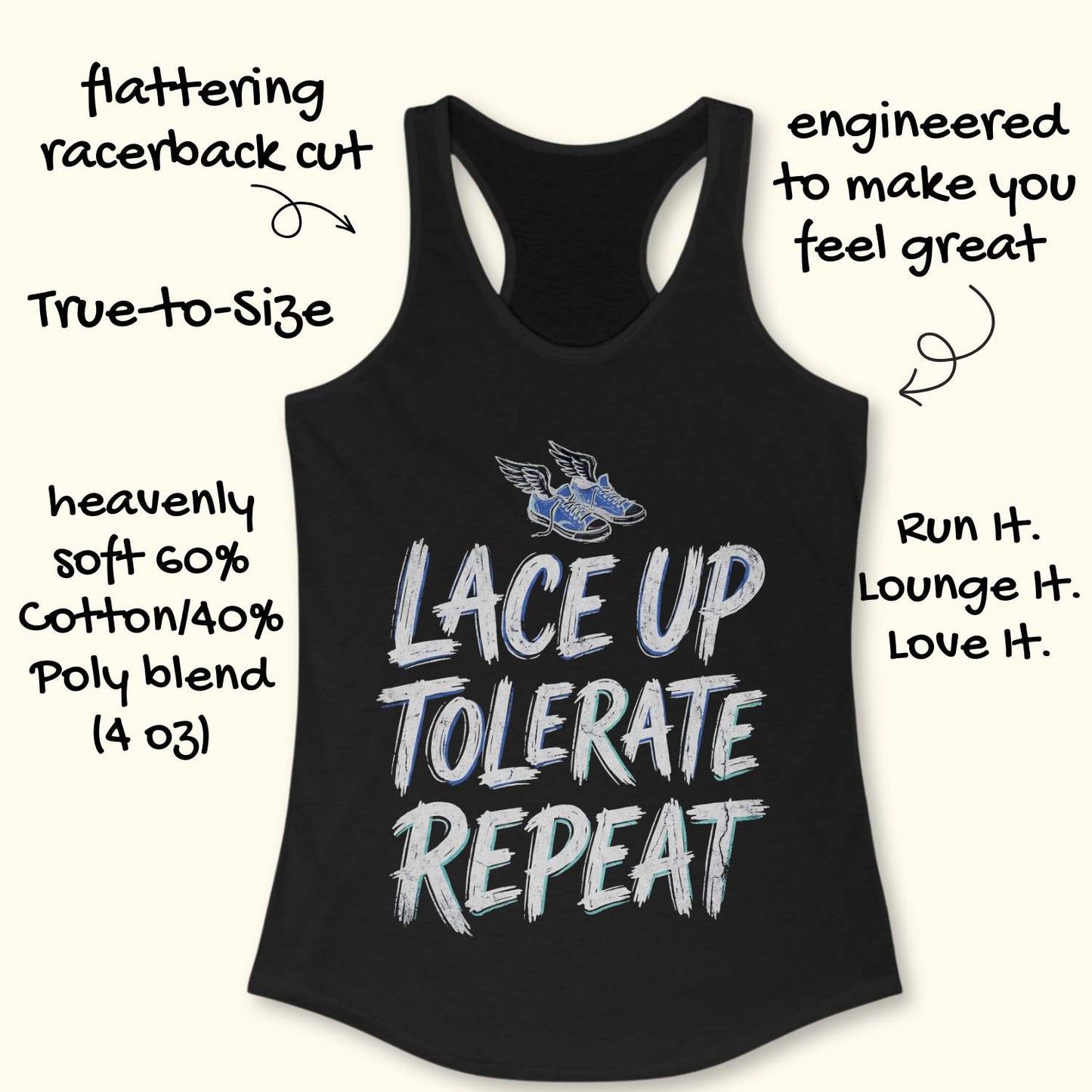 Black tank top with text 'Lace Up Tolerate Repeat' on a white background