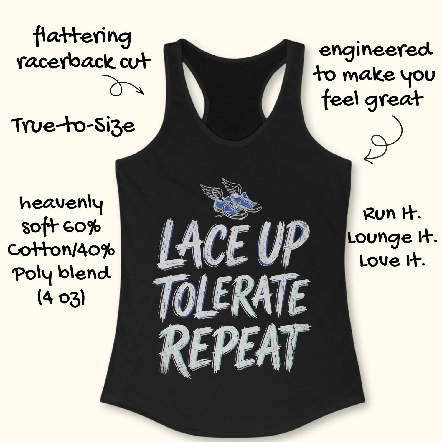 Black tank top with text 'Lace Up Tolerate Repeat' on a white background