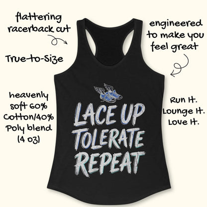Black tank top with text 'Lace Up Tolerate Repeat' on a white background
