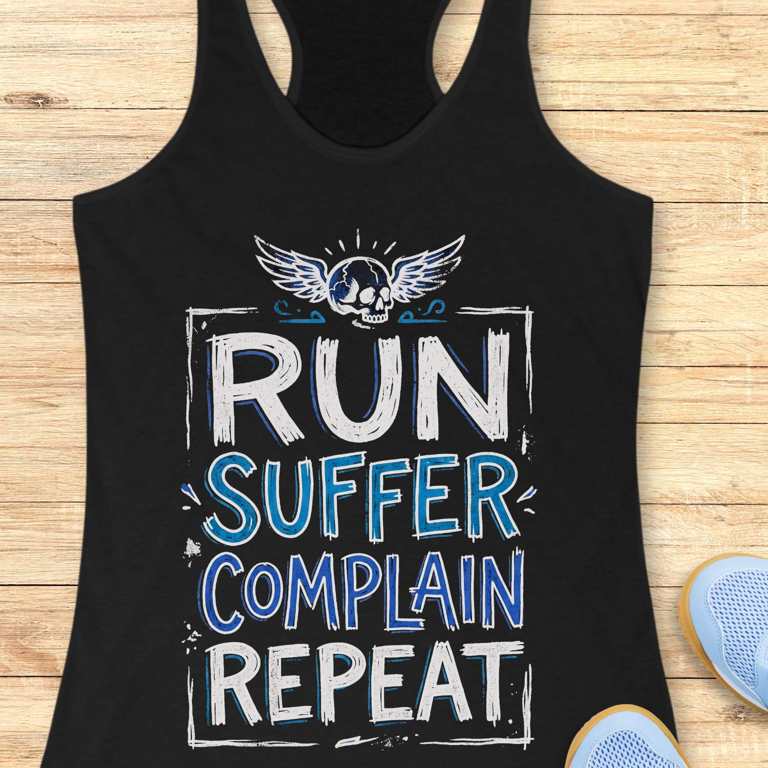 Black tank top with funny text run, suffer, complain, repeat, on a wooden surface