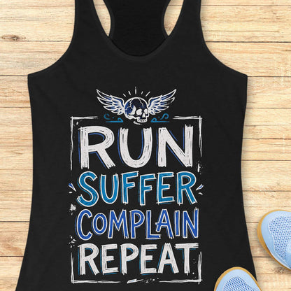 Black tank top with funny text run, suffer, complain, repeat, on a wooden surface