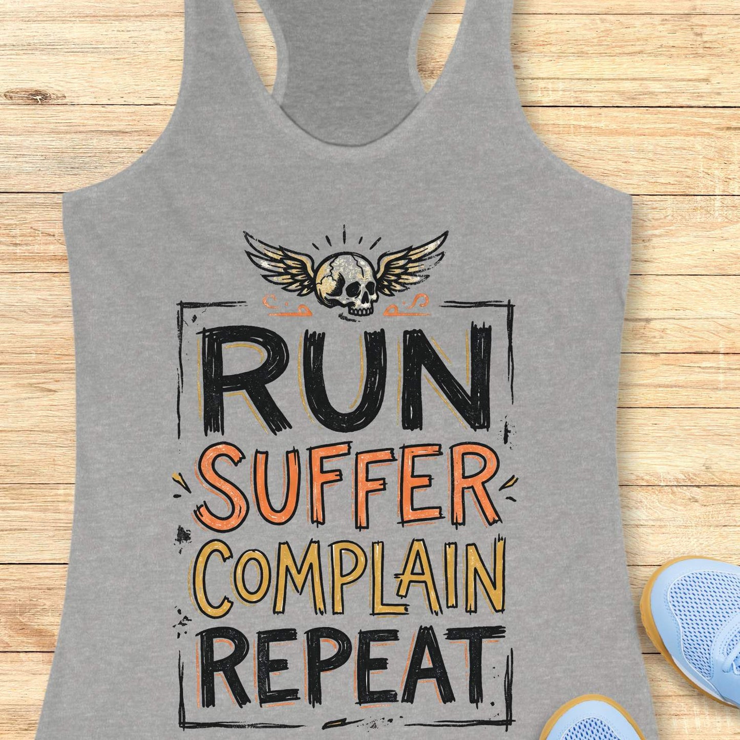 Gray tank top with funny text run, suffer, complain, repeat, on a wooden surface