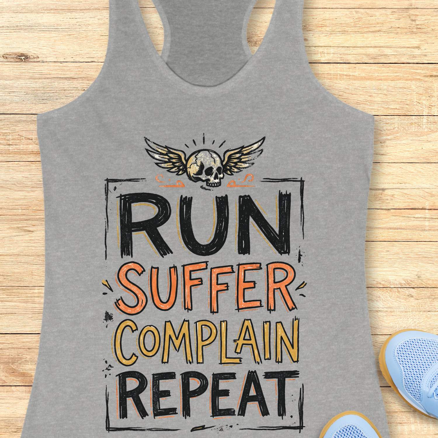 Gray tank top with funny text run, suffer, complain, repeat, on a wooden surface
