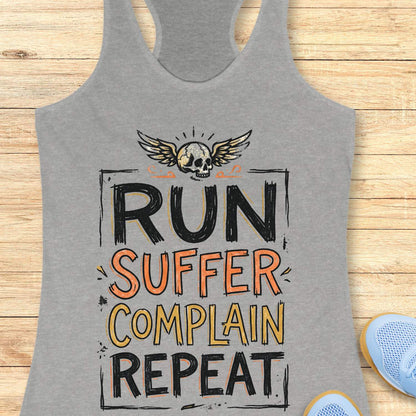 Gray tank top with funny text run, suffer, complain, repeat, on a wooden surface