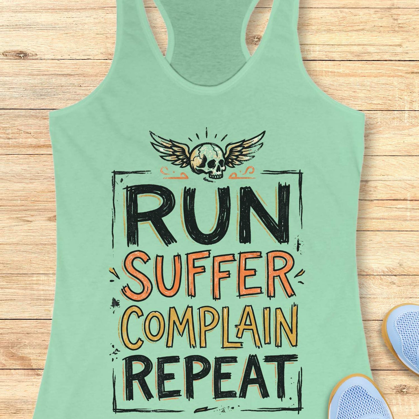 Mint green tank top with funny text run, suffer, complain, repeat, on a wooden surface