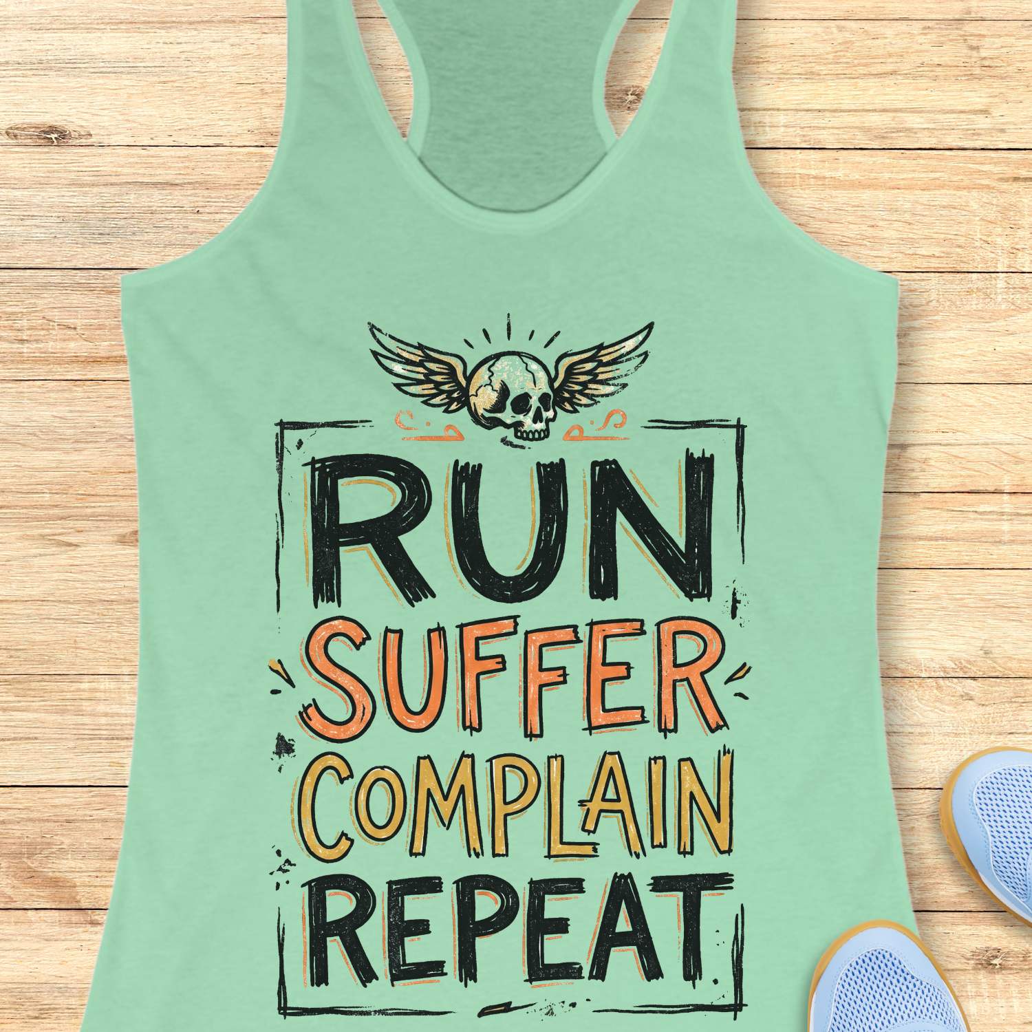 Mint green tank top with funny text run, suffer, complain, repeat, on a wooden surface
