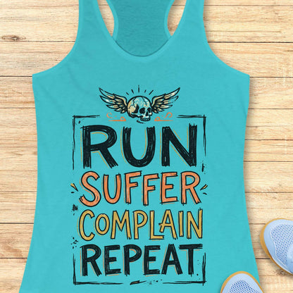 Turquoise tank top with funny text run, suffer, complain, repeat, on a wooden surface