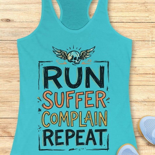 Turquoise tank top with funny text run, suffer, complain, repeat, on a wooden surface