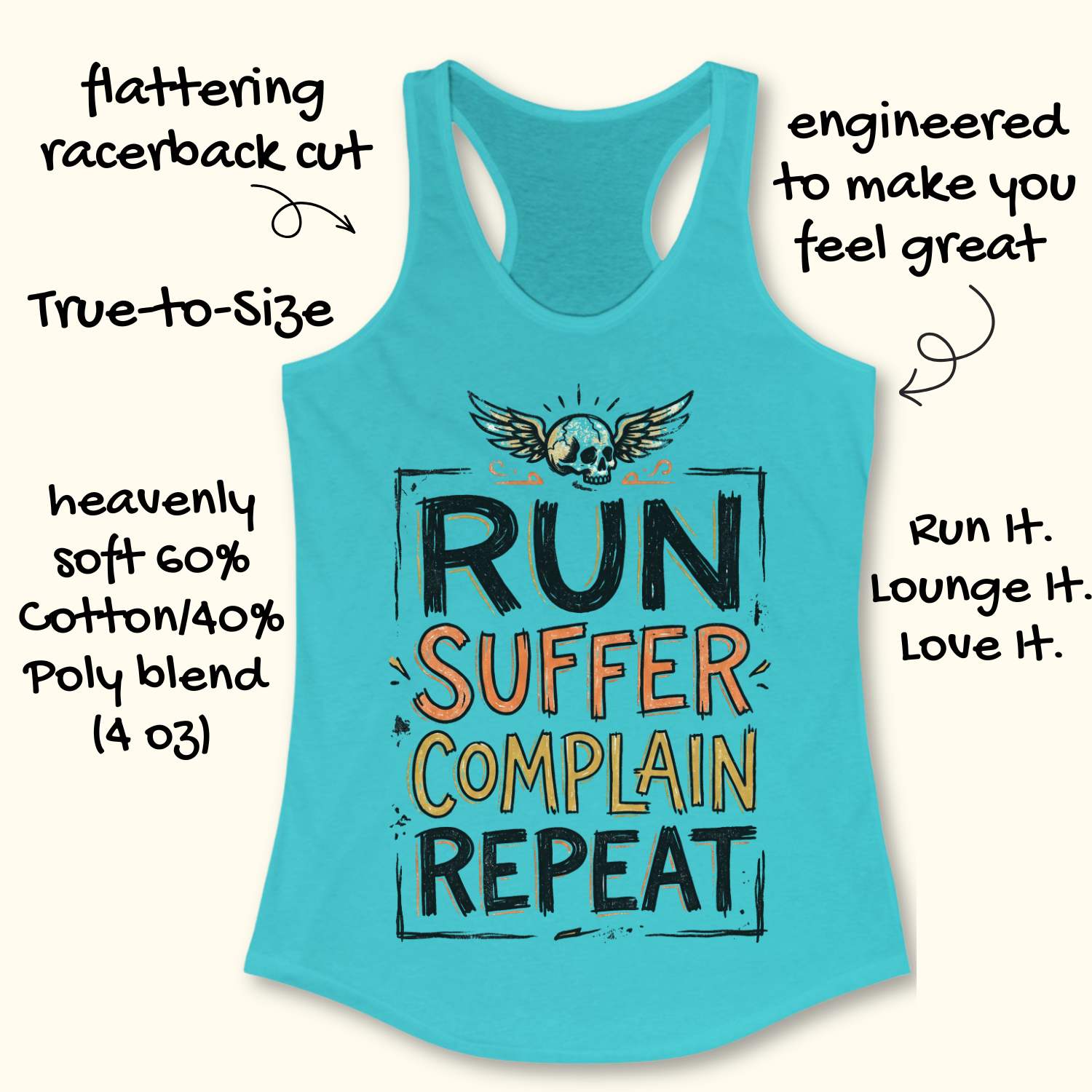 Blue tank top with text 'RUN SUFFER COMPLAIN REPEAT' on a white background