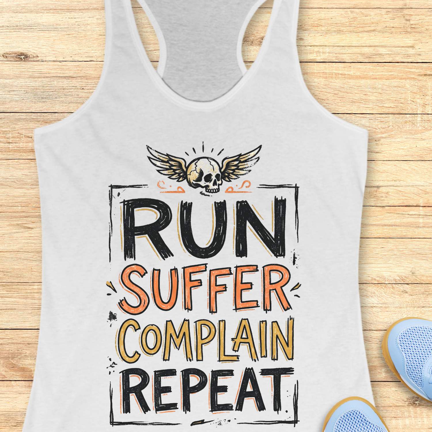 white tank top with 'Run Suffer Complain Repeat' text and skull design on a wooden surface.
