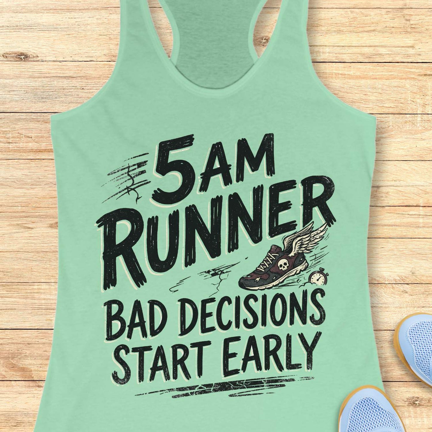 Mint green tank top with '5 AM Runner Bad Decisions Start Early' text on a wooden surface.