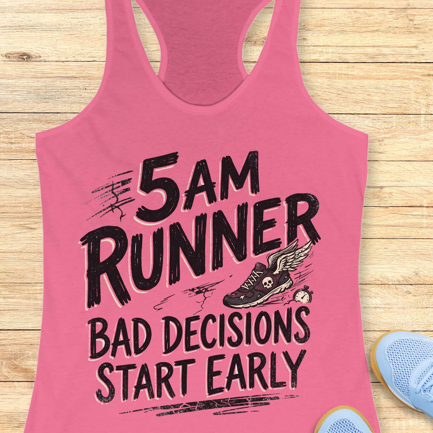 Pink tank top with '5 AM Runner Bad Decisions Start Early' text on a wooden surface.