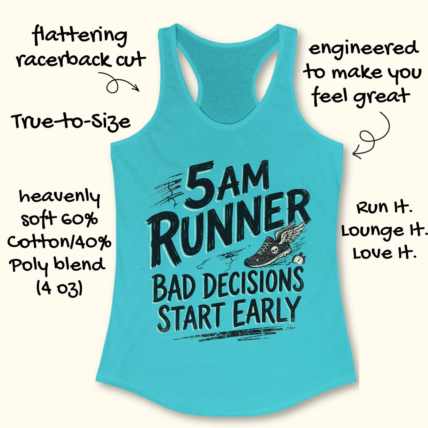 Blue tank top with '5 AM Runner' text and graphics on a white background