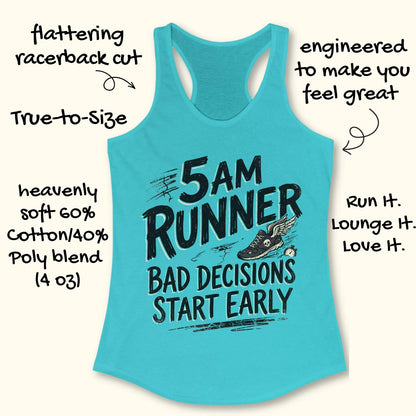 Blue tank top with '5 AM Runner' text and graphics on a white background