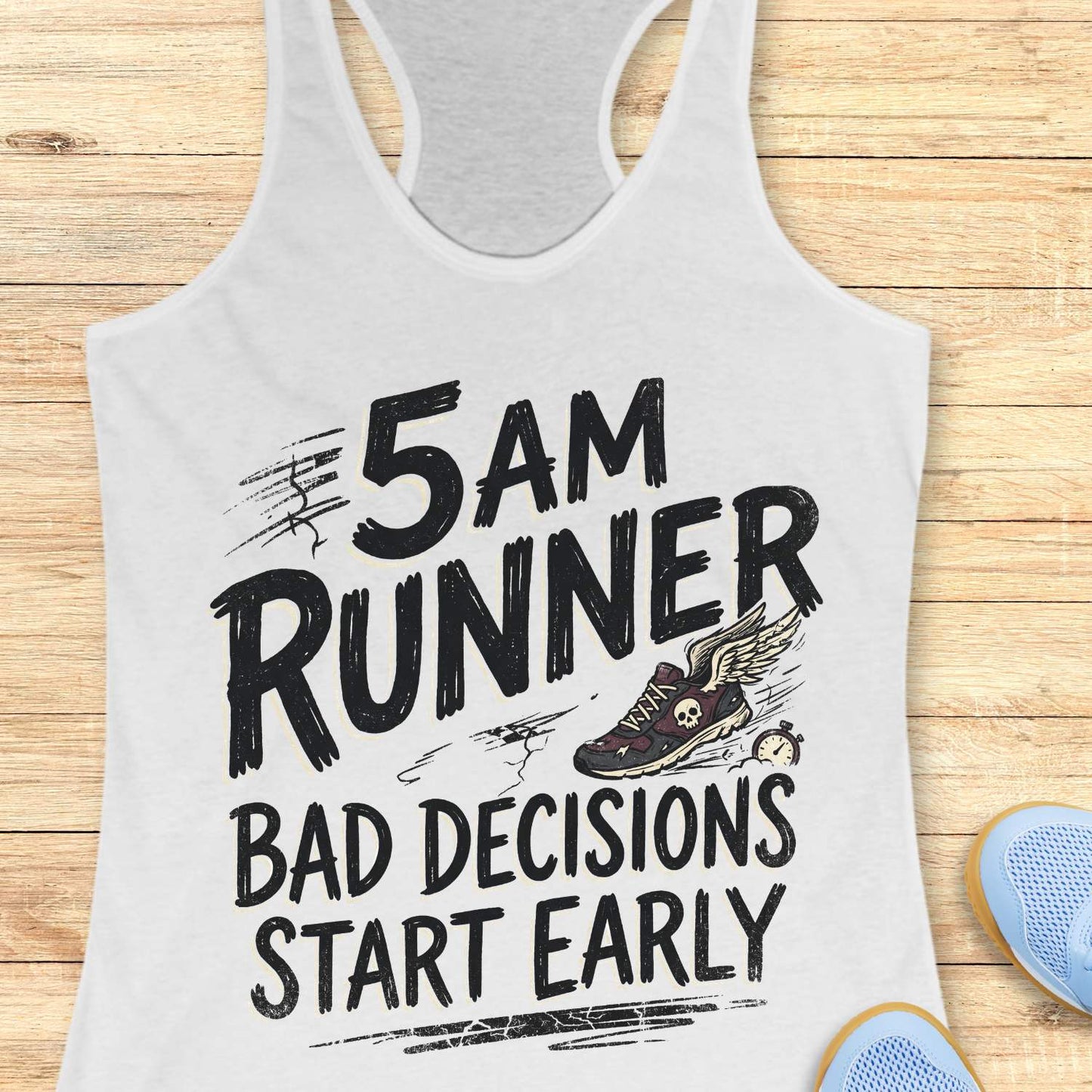 white tank top with '5 AM Runner Bad Decisions Start Early' text on a wooden surface.