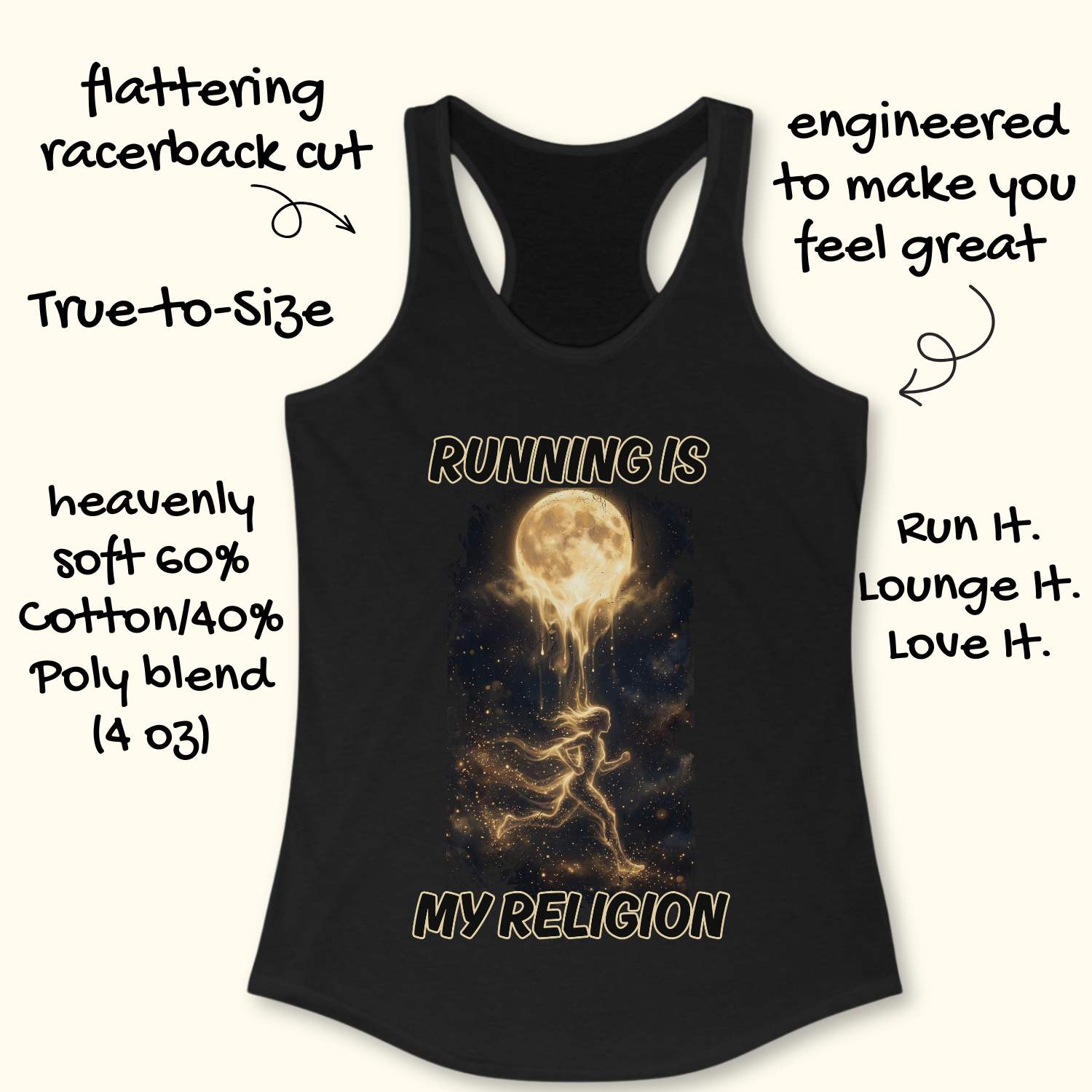 Black tank top with a graphic design and text on a white background