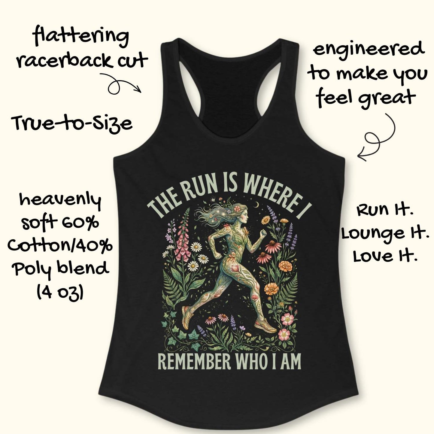 Black tank top with graphic design and text The run is where I remember who I am , on a white background