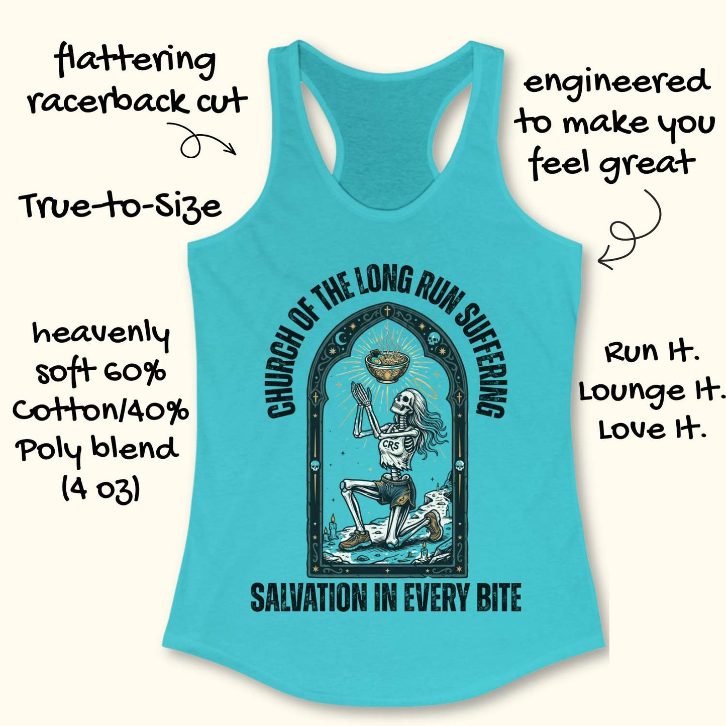 Blue tank top with graphic design and text 'Church of the long run suffering. Salvation in every bite', on a white background