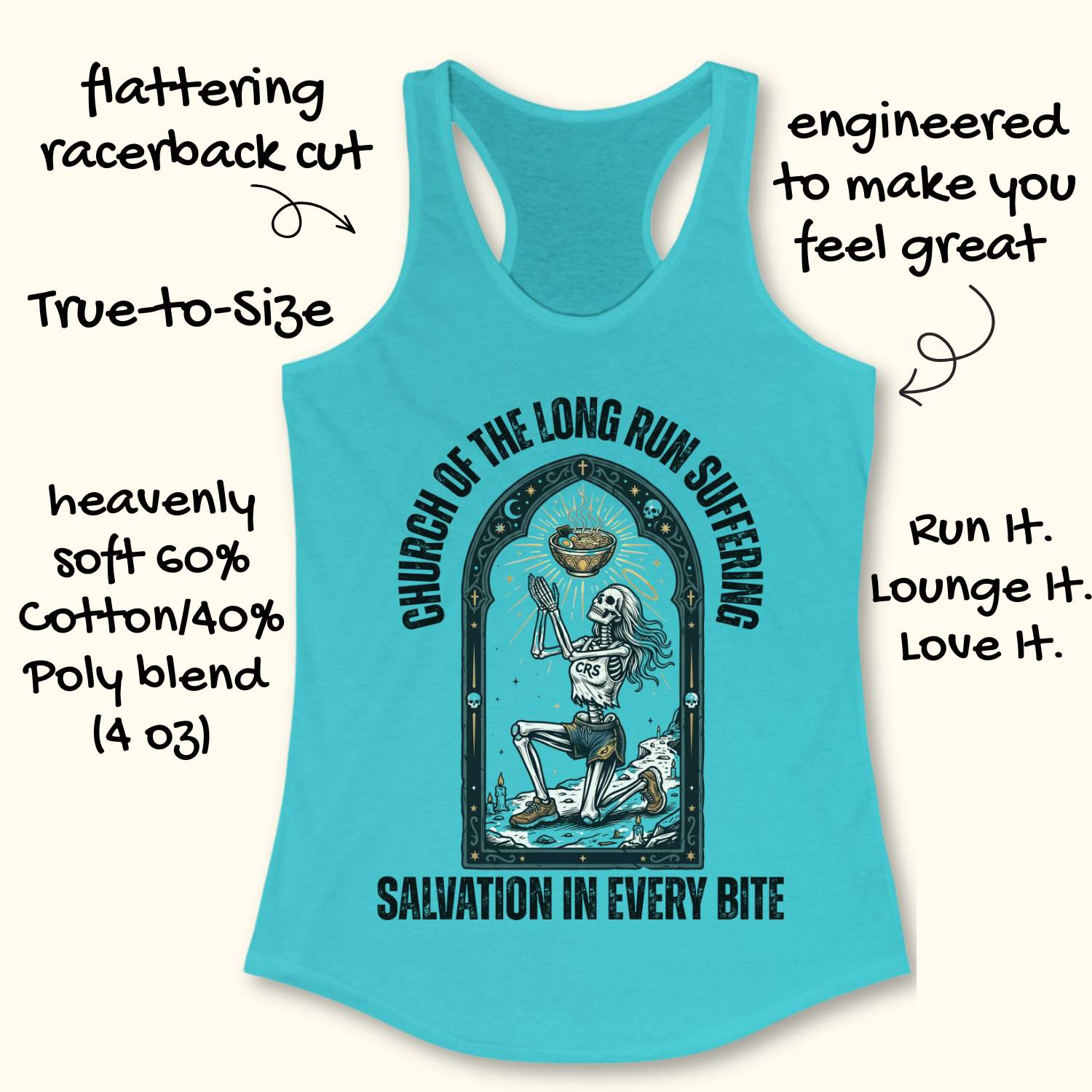Blue tank top with graphic design and text 'Church of the long run suffering. Salvation in every bite', on a white background
