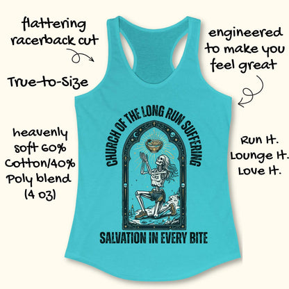 Blue tank top with graphic design and text 'Church of the long run suffering. Salvation in every bite', on a white background
