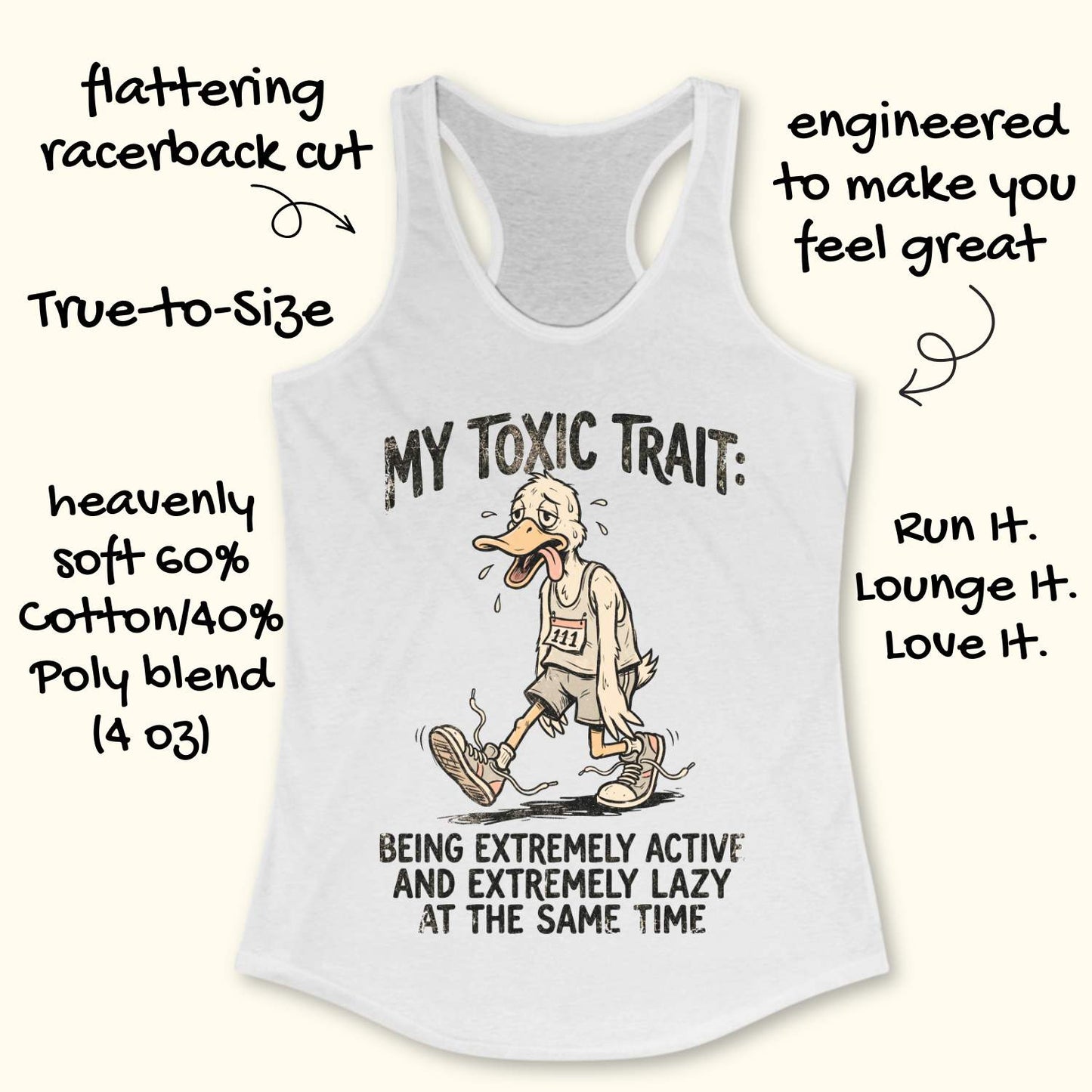 White tank top with cartoon character and text ' my toxic trait - being extremely active and extremely lazy at the same time', on a white background