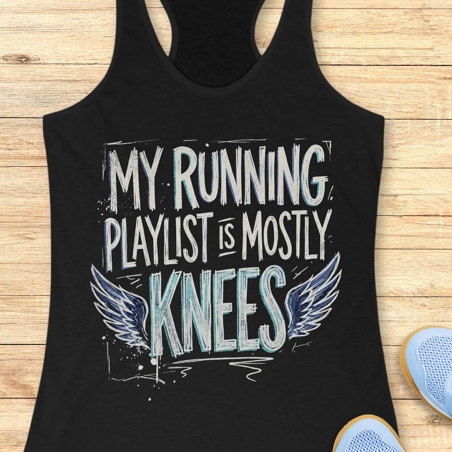 Black tank top with 'My running playlist is mostly knees' text on a wooden surface