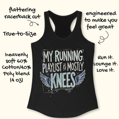 Black tank top with 'My Running Playlist is Mostly Knees' text and wings graphic on a white background.