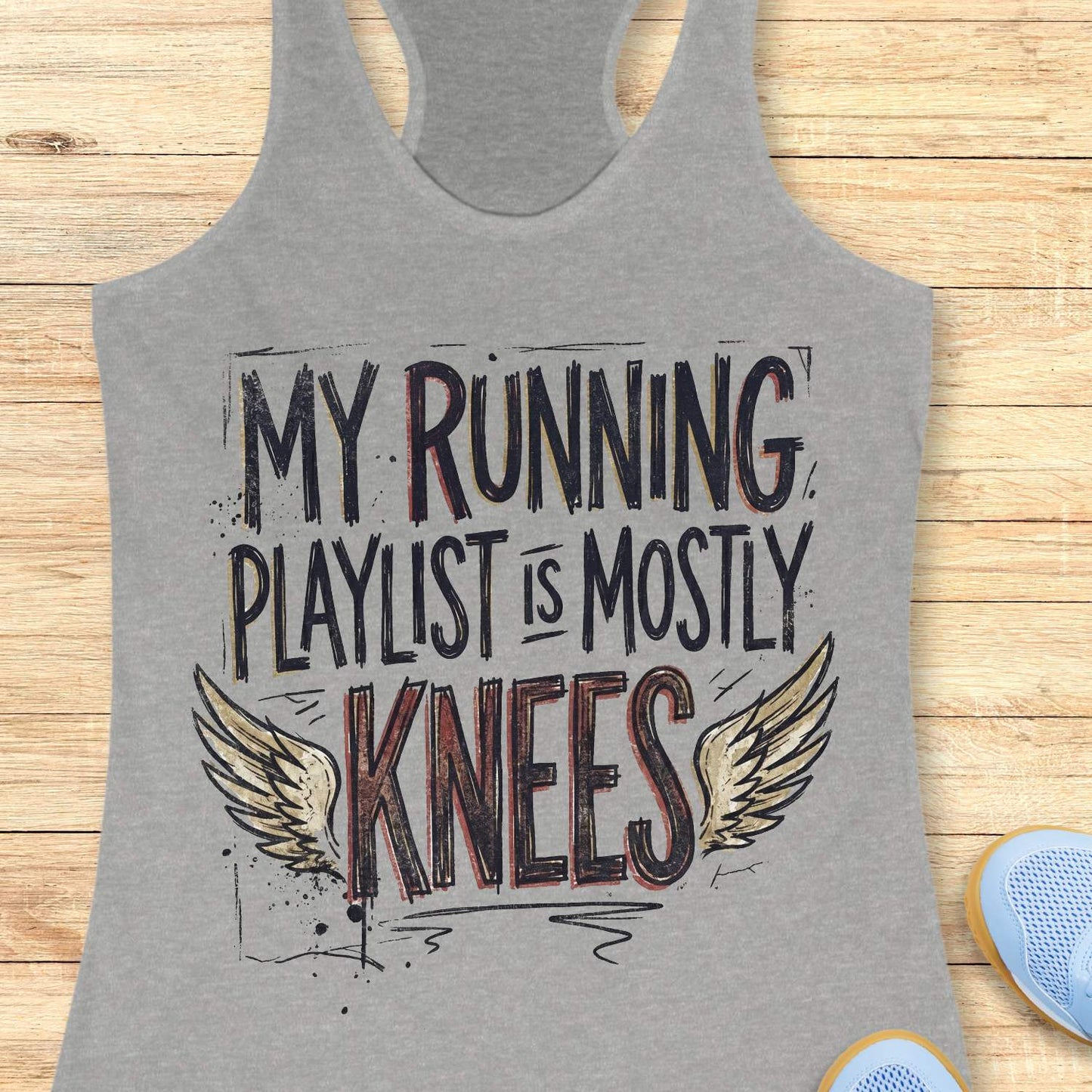 Gray tank top with 'My running playlist is mostly knees' text on a wooden surface