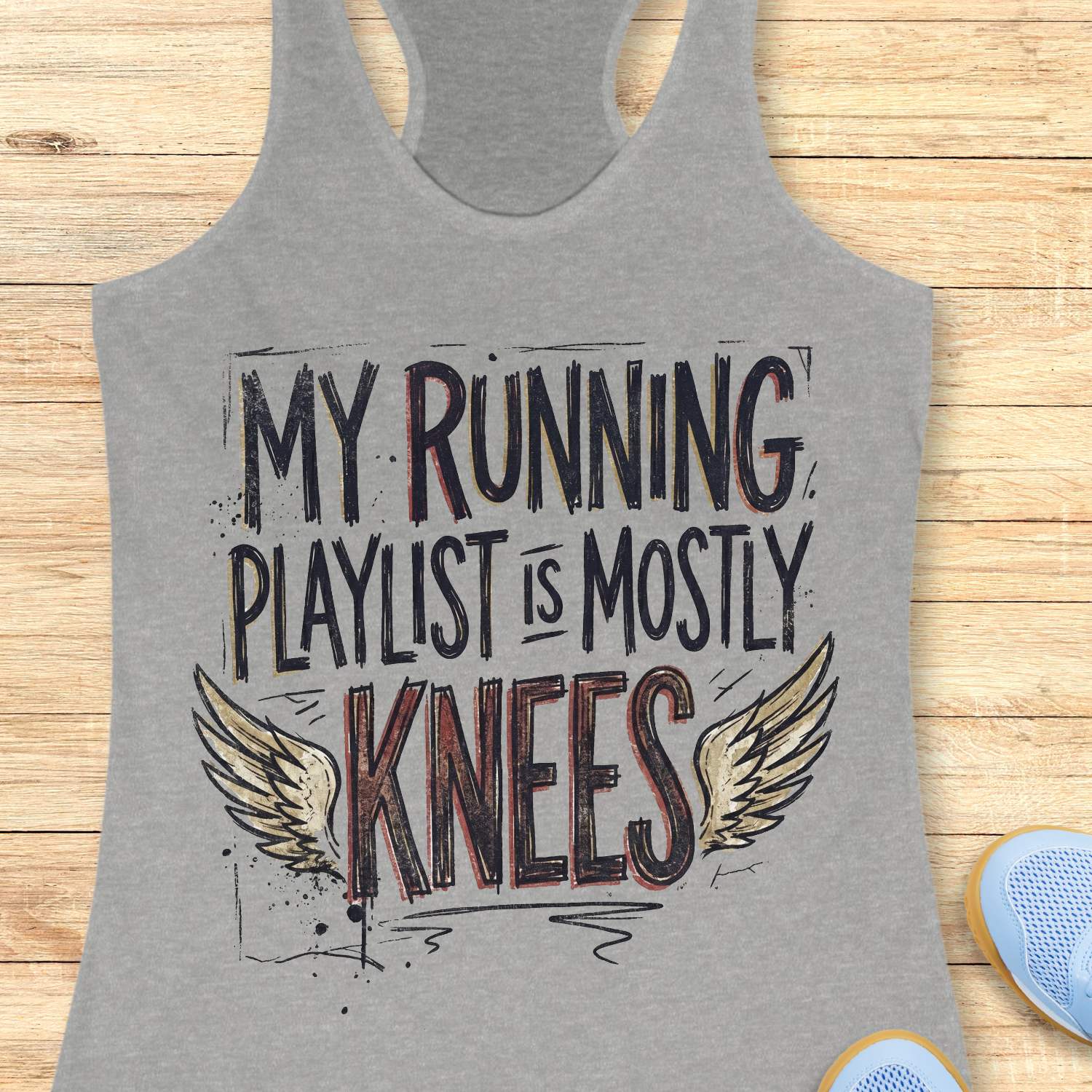 Gray tank top with 'My running playlist is mostly knees' text on a wooden surface