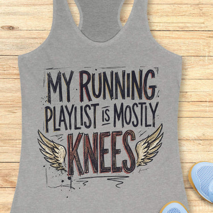 Gray tank top with 'My running playlist is mostly knees' text on a wooden surface