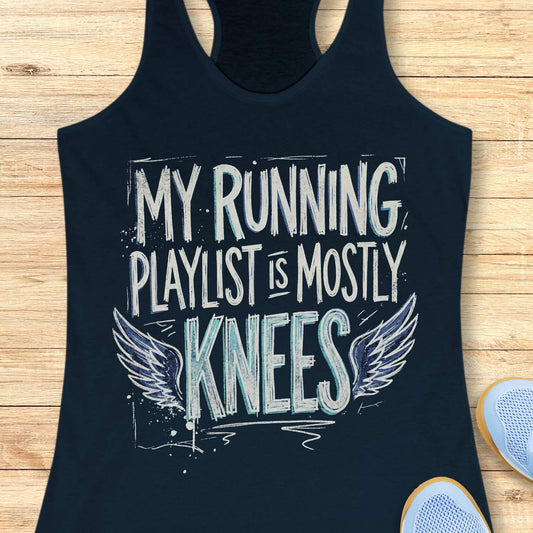 Navy tank top with 'My running playlist is mostly knees' text on a wooden surface