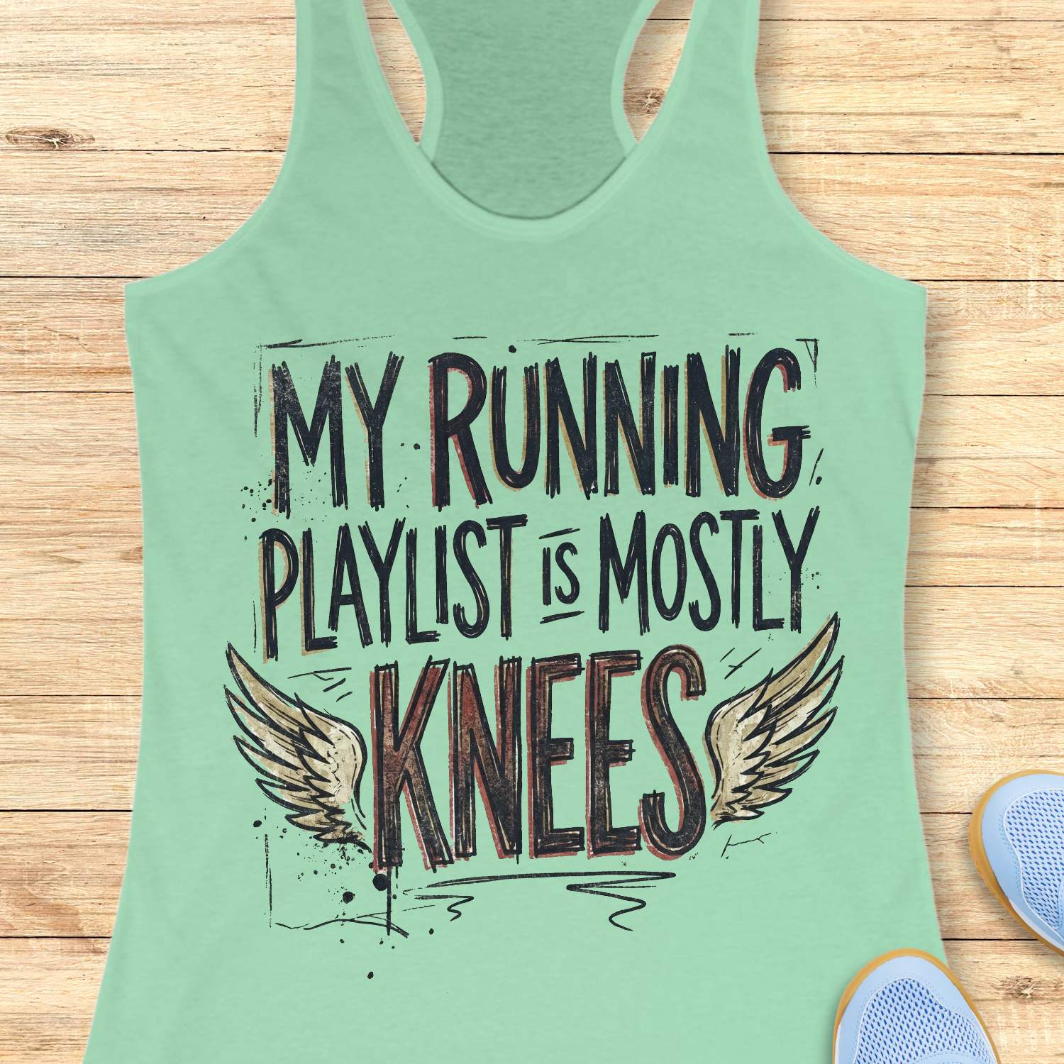Mint green tank top with 'My running playlist is mostly knees' text on a wooden surface