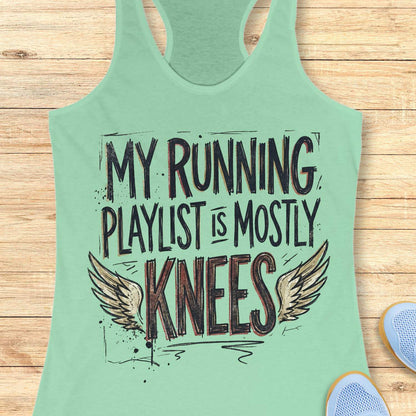 Mint green tank top with 'My running playlist is mostly knees' text on a wooden surface