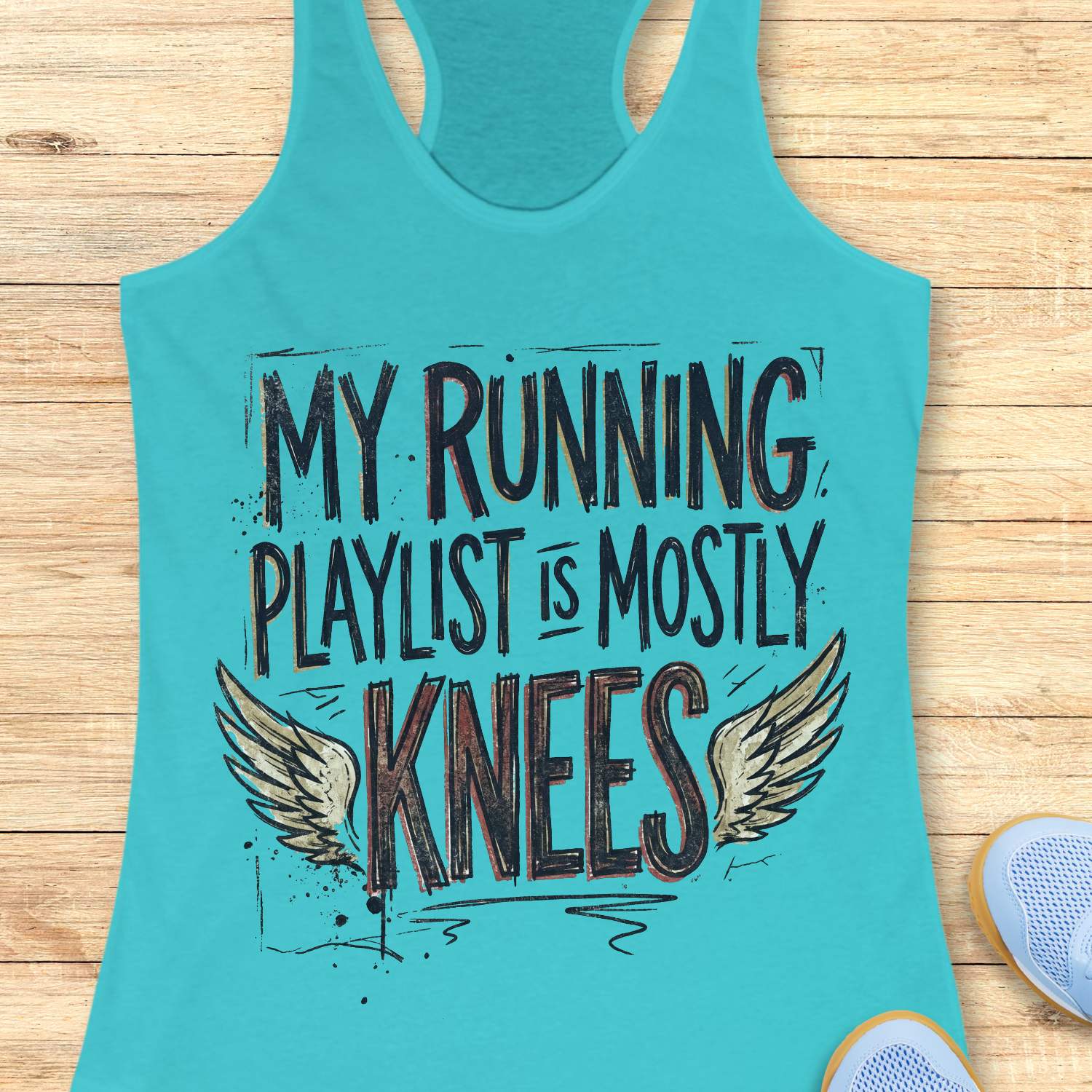 Turquoise tank top with 'My running playlist is mostly knees' text on a wooden surface.