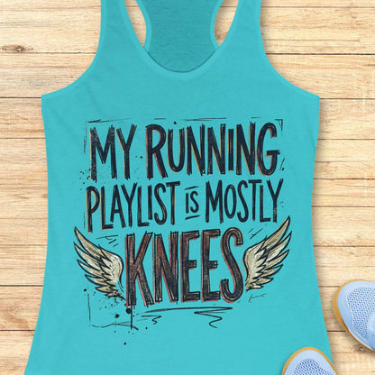 Turquoise tank top with 'My running playlist is mostly knees' text on a wooden surface.