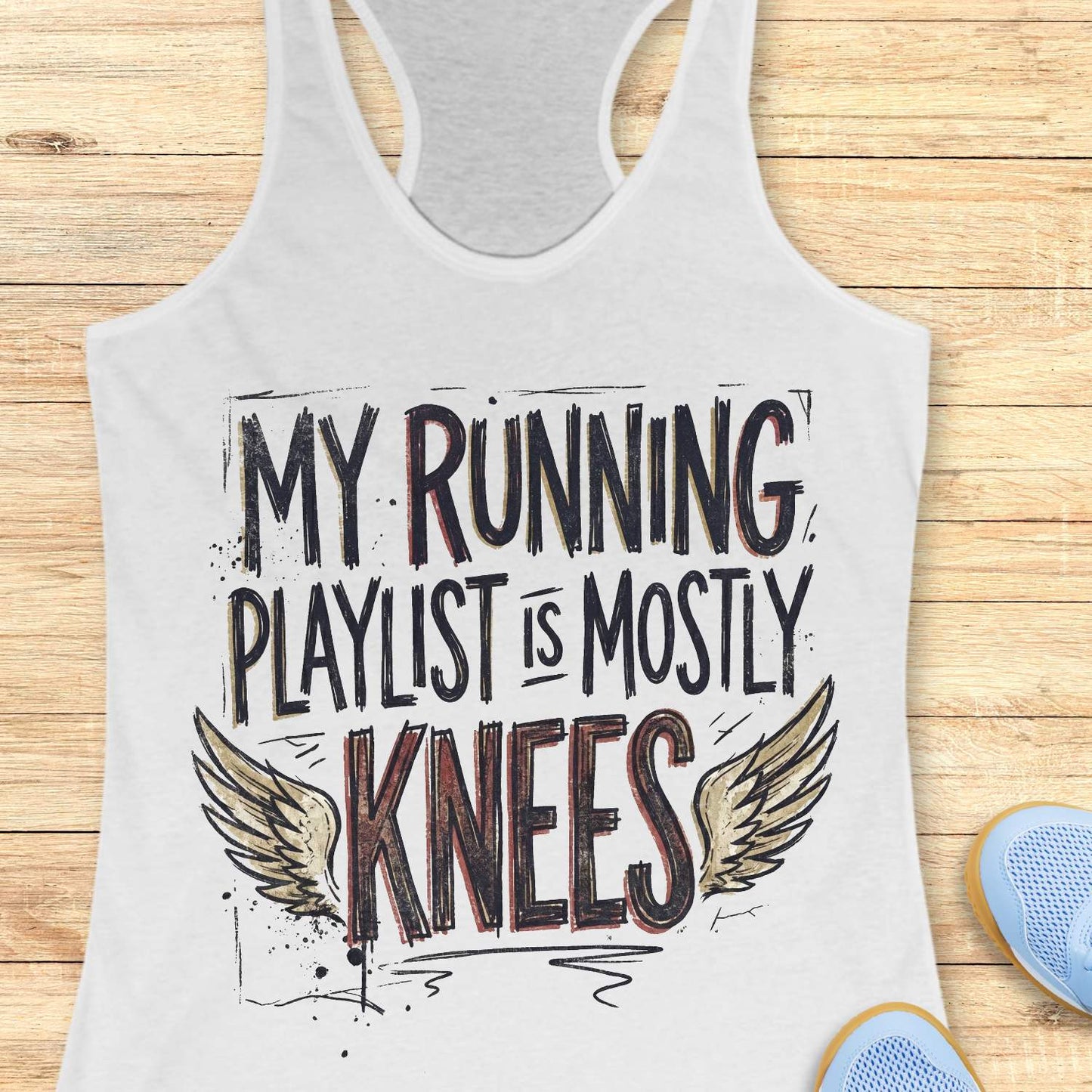 white tank top with 'My running playlist is mostly knees' text on a wooden surface