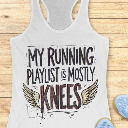 white tank top with 'My running playlist is mostly knees' text on a wooden surface