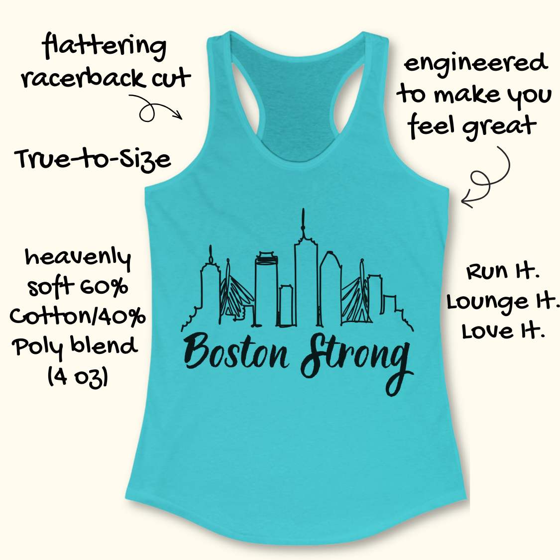 Turquoise tank top with 'Boston Strong' design on a white background