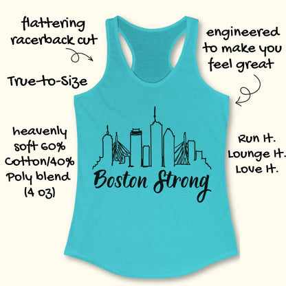 Turquoise tank top with 'Boston Strong' design on a white background
