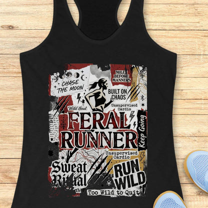 Black tank top with graphic design on a wooden surface