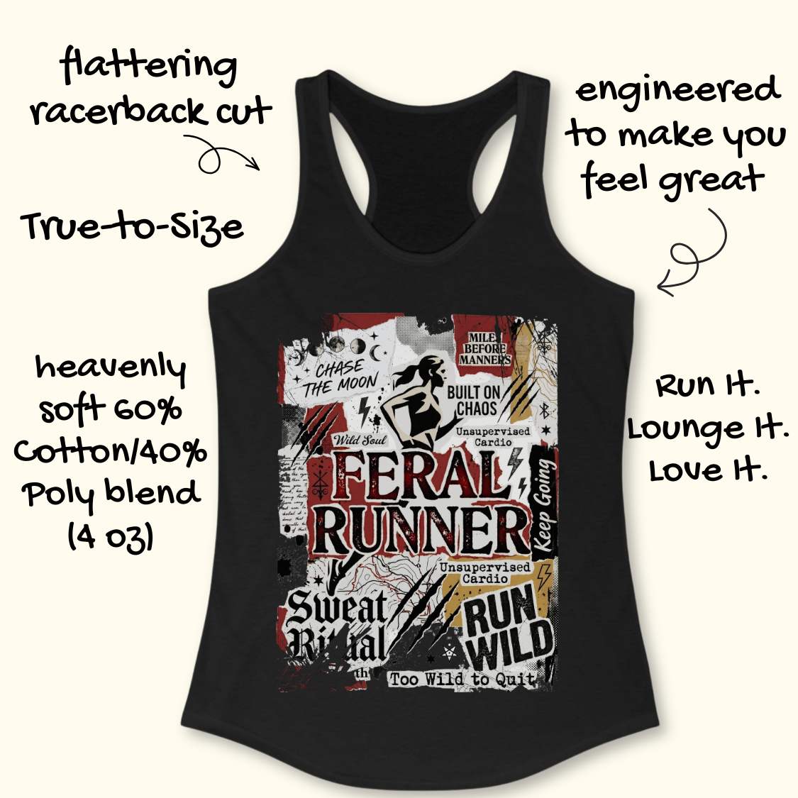 Black tank top with graphic design and text on a white background