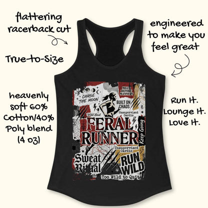 Black tank top with graphic design and text on a white background